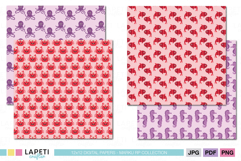 Digital paper preview with purple octopus, red crab, red fish and seahorse patterns, playful ocean animal designs.