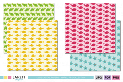 Digital paper preview with cute turtle, yellow fish, pink whale and blue starfish patterns for ocean themed crafts.