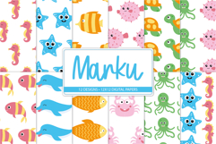 Sea animals digital paper pack with fish turtles dolphins and octopus