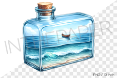 Blue sea with small boat in glass bottle PNG summer clipart Product Image 1