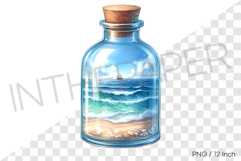 Emerald sea with beach sailboat in glass bottle PNG summer Product Image 1