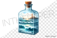 Morning sunrise sea with lighthouse in bottle PNG summer art Product Image 1