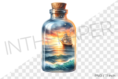 Sunset sea with big ship in glass bottle PNG summer clipart Product Image 1