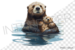 Mother sea otter hugging her pup tightly PNG clipart marine Product Image 1