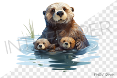 Mother sea otter floating with two pups PNG clipart marine Product Image 1