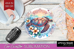 Sea Turtle Floral Car Coaster Tropical Coaster PNG Product Image 1