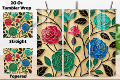 20oz skinny tumbler, tapered tumbler wrap, straight tumbler design, ecclesiastical rose art, seamless church design, seamless glass rose tumbler, jewel tone floral wrap, lead line rose design, cathedral window tumbler wrap, 20oz skinny tumbler wrap, taper