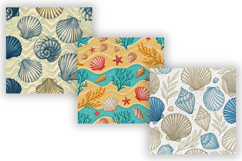 seashell seamless pattern, digital paper coastal, sandy beige background, ocean blue tones, beach decor design, nautical theme wallpaper, summer shell pattern, watercolor seashell design, subtle texture background, marine life pattern, shore theme design,