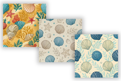 seashell seamless pattern, digital paper coastal, sandy beige background, ocean blue tones, beach decor design, nautical theme wallpaper, summer shell pattern, watercolor seashell design, subtle texture background, marine life pattern, shore theme design,