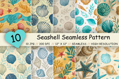 seashell seamless pattern, digital paper coastal, sandy beige background, ocean blue tones, beach decor design, nautical theme wallpaper, summer shell pattern, watercolor seashell design, subtle texture background, marine life pattern, shore theme design,