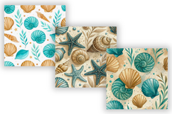seashell seamless pattern, digital paper coastal, sandy beige background, ocean blue tones, beach decor design, nautical theme wallpaper, summer shell pattern, watercolor seashell design, subtle texture background, marine life pattern, shore theme design,