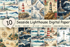 Seaside Lighthouse Digital Paper Pack, Seamless Watercolor Coastal Pattern Bundle, Printable Scrapbook Paper, Ocean Shore Design Collection