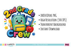 Back to school PNG featuring bright 3D-style letters and a happy school backpack character.