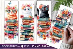 Cat and books bookmark, watercolor cat bookmark, floral cats Product Image 1