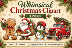 Whimsical Christmas Clipart PNG Santa, Penguin, Gingerbread Product Image 1