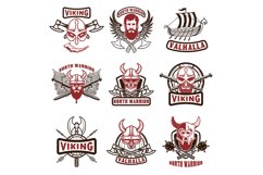 Set of vintage viking labels. Viking warrior in horned helm Product Image 1