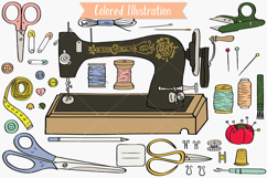 Color Sewing Doodles, Retro Singer Machine, Scissors, Button Product Image 2