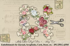 Printable puzzle pieces decorated with shabby roses. Printable fussy cut puzzle pieces for junk journals, scrapbook, card making and other paper crafts.