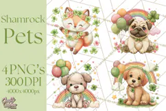 Cartoon Lucky Animals Clipart PNG, Shamrock Pets Printable Product Image 1