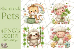 Cartoon Lucky Animals Clipart PNG, Shamrock Pets Printable Product Image 1