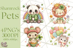 Cartoon Lucky Animals Clipart PNG, Shamrock Pets Printable Product Image 1