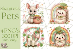 Cartoon Lucky Animals Clipart PNG, Shamrock Pets Printable Product Image 1