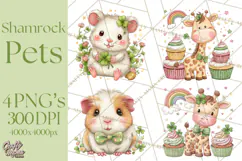 Cartoon Lucky Animals Clipart PNG, Shamrock Pets Printable Product Image 1