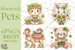 Cartoon Lucky Animals Clipart PNG, Shamrock Pets Printable Product Image 1
