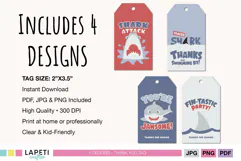 Four shark birthday tags featuring funny shark phrases in blue, red and gray