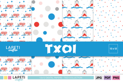 Fun shark digital paper pack with danger signs, perfect for ocean-themed kids scrapbooking and summer crafts.