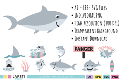 Ocean shark birthday party decoration graphics for invitations banners cake toppers and themed printable decor