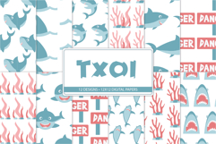 Cute shark digital paper pack with sharks fins coral and ocean patterns