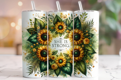 She Is Strong Tumbler PNG, Christian Tumbler, Floral Tumbler Product Image 1