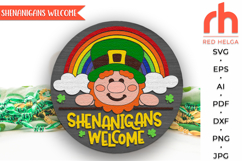 shenanigans welcome svg, st patricks day sign svg, leprechaun sign svg, st pattys hanging sign svg, irish door sign, laser cut file, layered sign svg, welcome sign svg, shamrock sign svg, rainbow sign svg, lucky sign svg, wood home sign svg, front sign