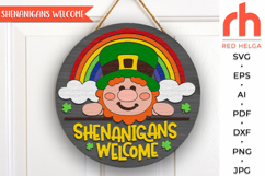 shenanigans welcome svg, st patricks day sign svg, leprechaun sign svg, st pattys hanging sign svg, irish door sign, laser cut file, layered sign svg, welcome sign svg, shamrock sign svg, rainbow sign svg, lucky sign svg, wood home sign svg, front sign