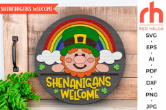 shenanigans welcome svg, st patricks day sign svg, leprechaun sign svg, st pattys hanging sign svg, irish door sign, laser cut file, layered sign svg, welcome sign svg, shamrock sign svg, rainbow sign svg, lucky sign svg, wood home sign svg, front sign