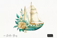 Watercolor Flower Ship Clipart | Watercolor Ocean PNG Product Image 1