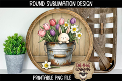 Bunny in Flower Bucket Sublimation Design | Spring Round PNG Product Image 1
