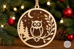 Rustic Christmas Owl Laser Cut File, Round Wooden Ornament Product Image 1
