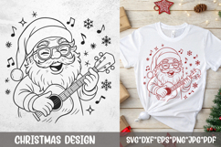 Singing Santa playing ukulele—single‑color Christmas line art SVG with music notes and snowflakes for cutters and engraving.