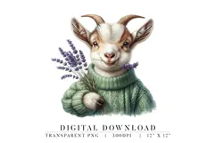 Cute Baby Goat with Lavender Clipart PNG Product Image 1