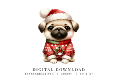 Christmas Pug Clipart PNG Santa Hat Dog Illustration Product Image 1
