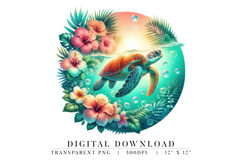 Sea Turtle in Tropical Flowers PNG Product Image 1