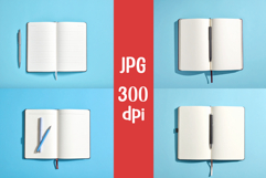 4 Single open notebook with one pen on blue background JPG Product Image 1