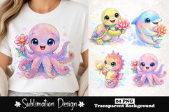 Cute animals with flower watercolor sublimation design Product Image 1