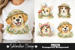 Cute Dog with Daisy Hat and Floral Wreath Watercolor PNG Product Image 1