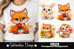 Cute animals with flower watercolor sublimation design Product Image 1