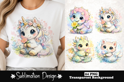 Cute animals with flower watercolor sublimation design Product Image 1
