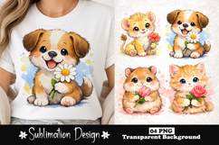 Cute animals with flower watercolor sublimation design Product Image 1