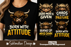 Born With Attitude Highland Cow Sublimation Design PNG Product Image 1
